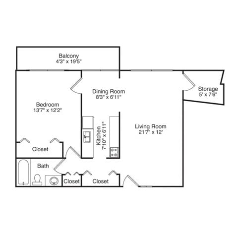 Floor plan for 1 bed, 1 bath, 850 sqft